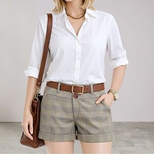 New Celebrity Pink Plaid High-Waist Cuffed Women's Shorts - Beige Plaid